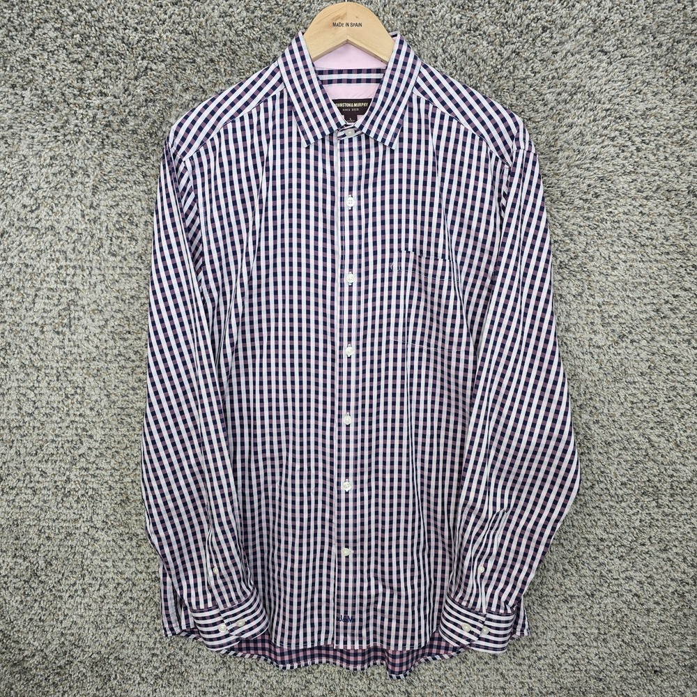 Johnston & Murphy Shirt Mens Large Pink Gingham Plaid Button Up Flip Cuff